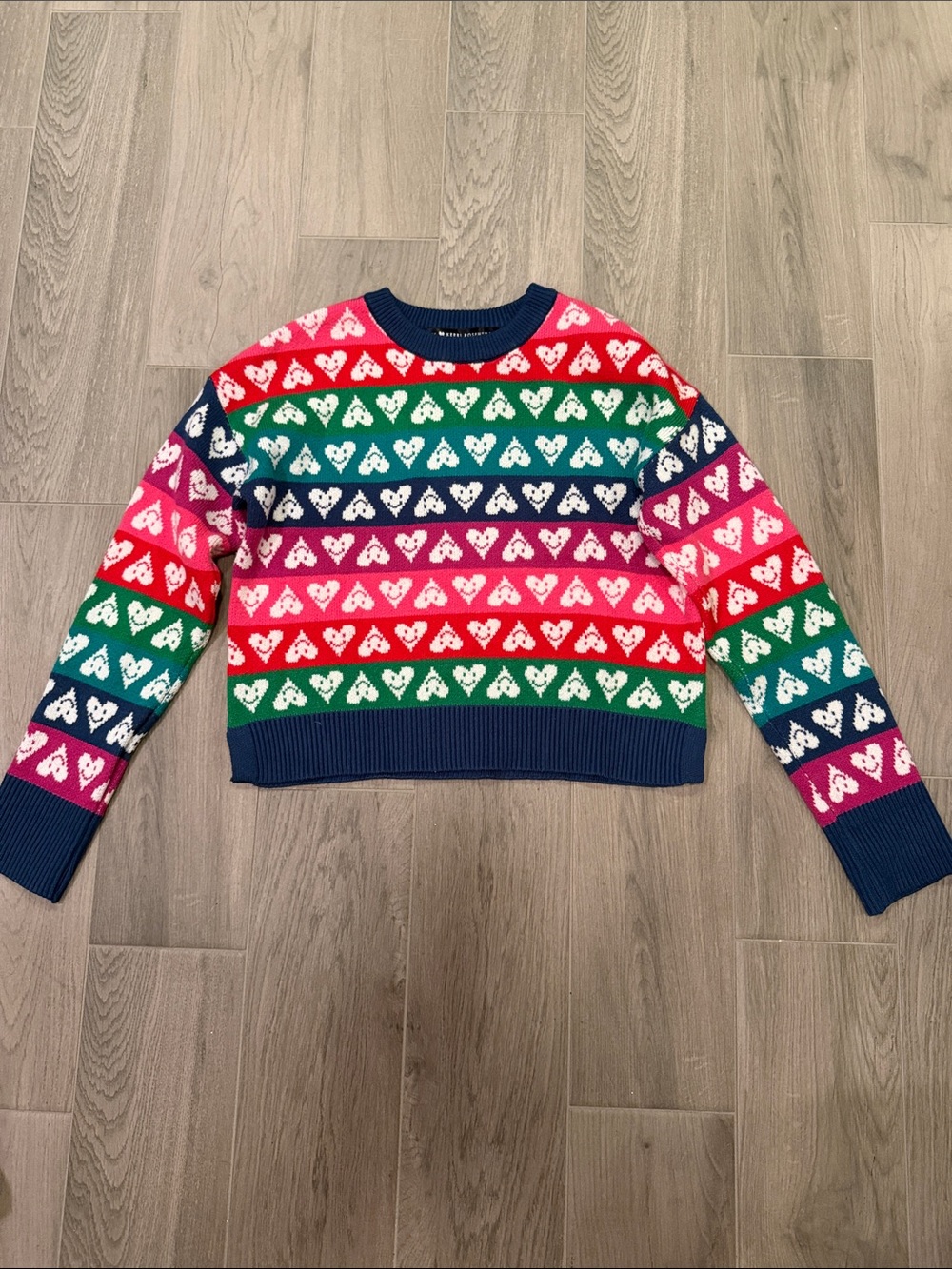 Aqua Woman’s Multicolor Heart Stripe Sweater - Navy Trim Size XS
